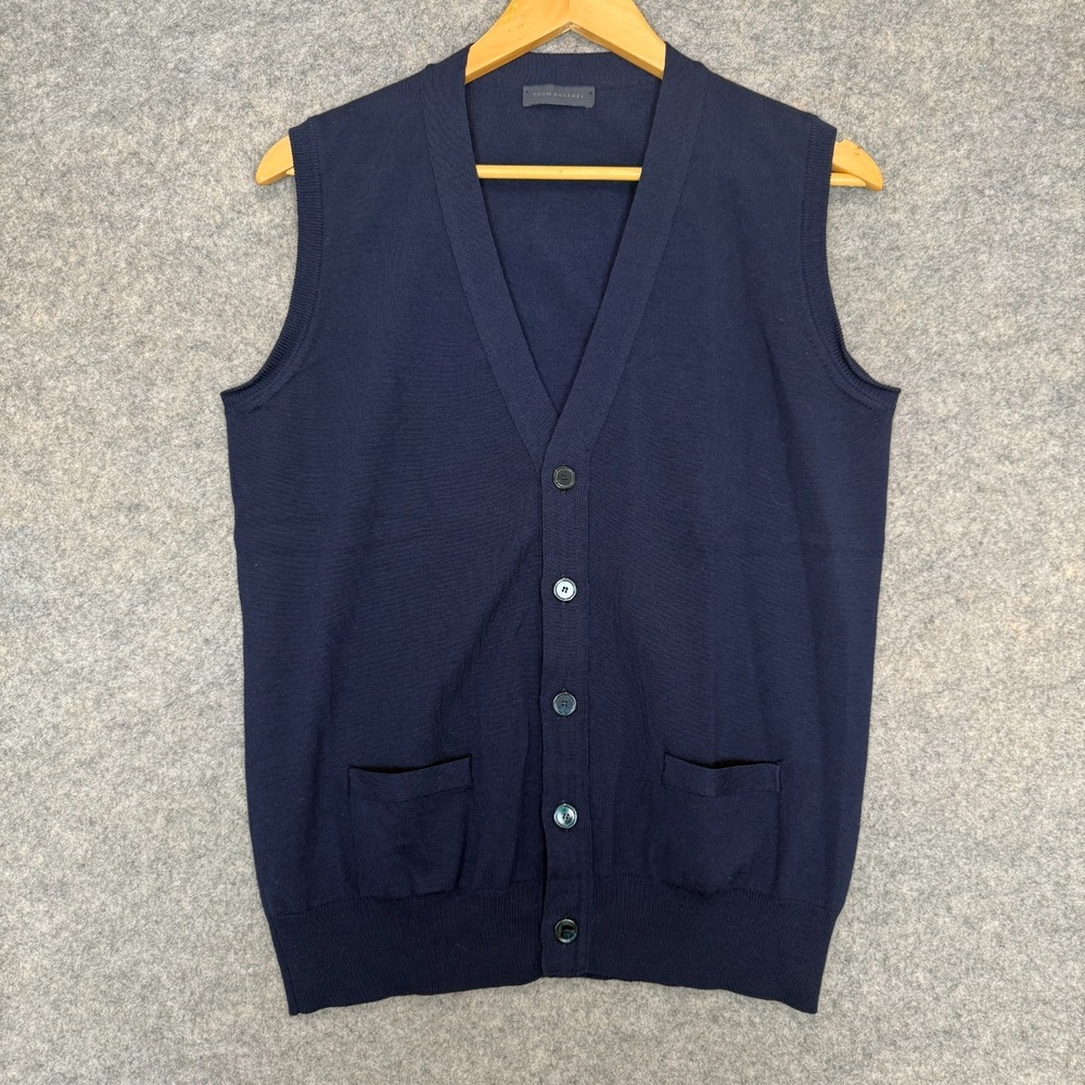 Thom Sweeney 100% Merino Wool Sweater Vest Men Large Navy Blue Button Knit Italy